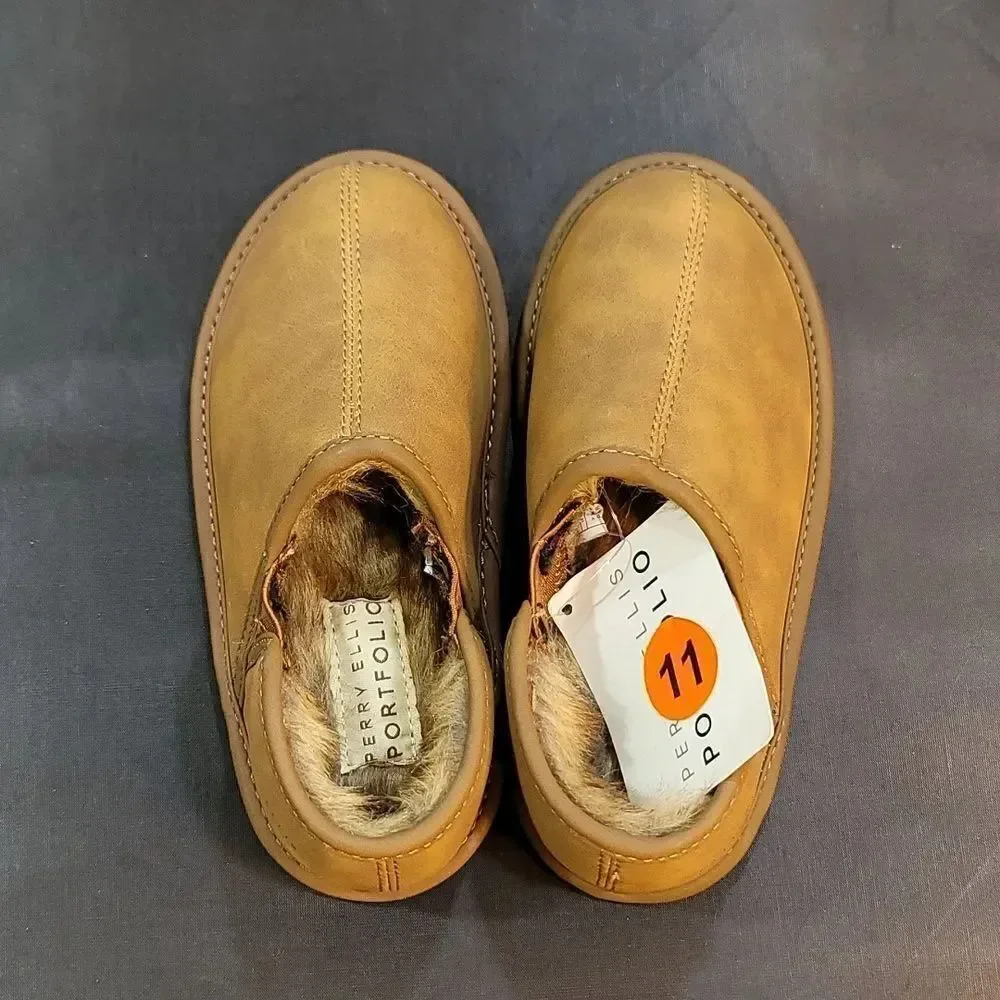 BRAND NEW PERRY ELLIS ROUND-TOE FAUX FUR INSOLE KIDS SLIPPERS